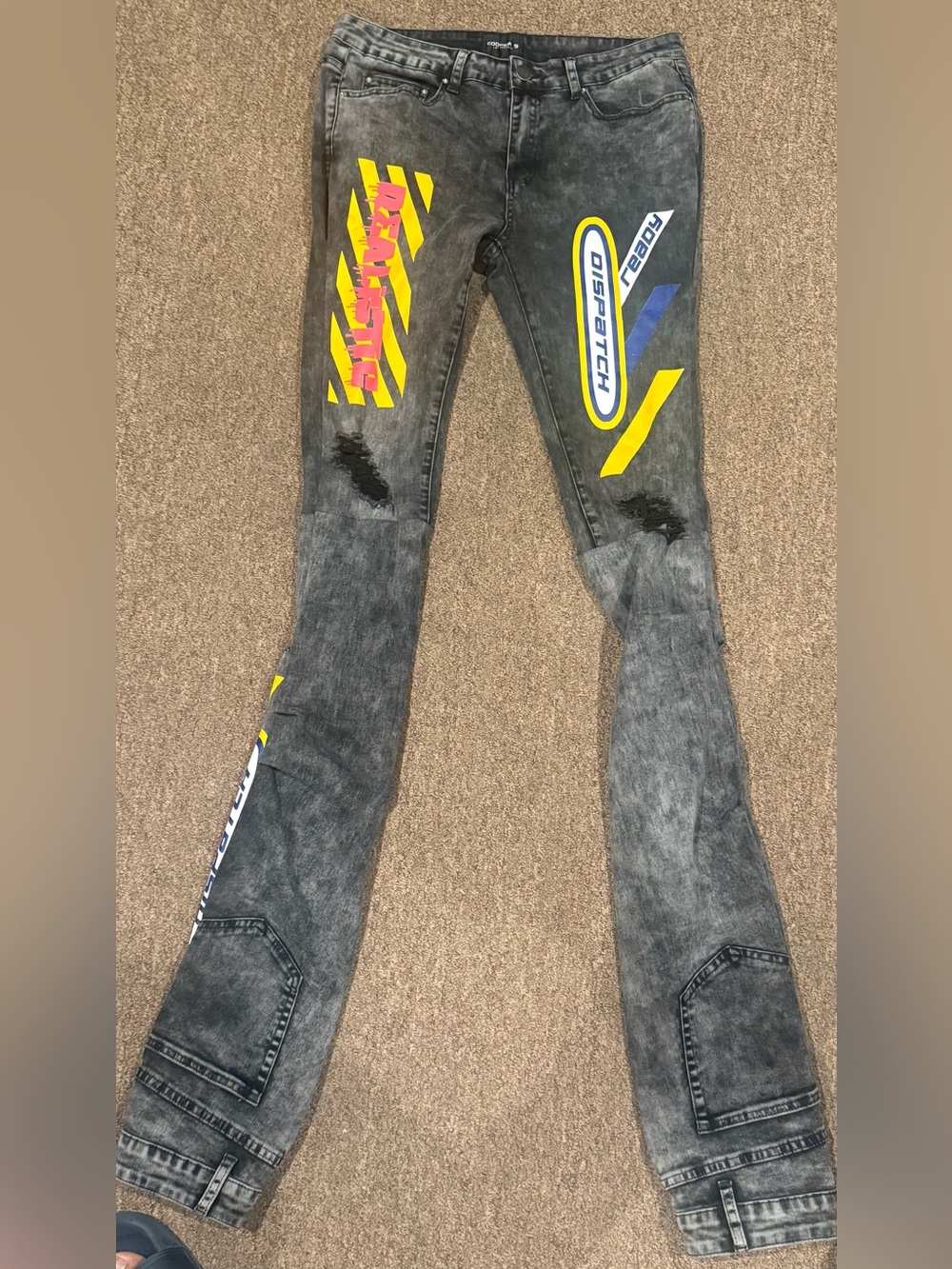 Gray Acid-Wash Graphic Moto Jeans with Yellow & Blue Decals